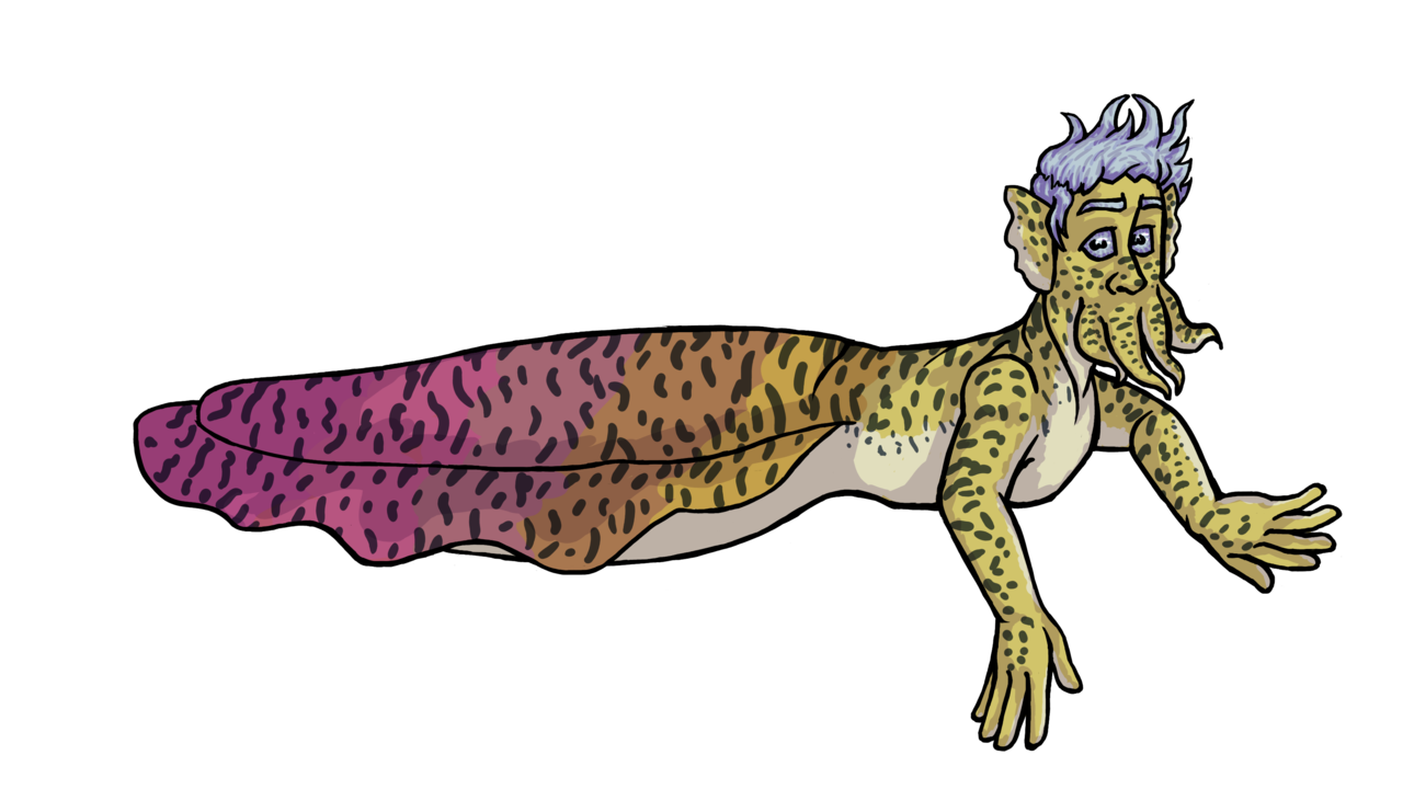 Digital drawing of a mermaid whose lower half is a cuttlefish and whose mouth sports cephalopod arms. His body has a gradient from yellow to pink and he is covered in brown spots.
